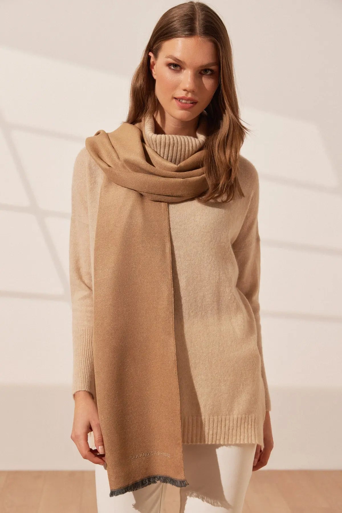 Camel & More Vish Düz Renk Kaşkol Atkı 30 x 180 cm Silk and Cashmere