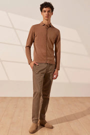 Camel pekli Quentin Polo Yaka Uzun Kollu Erkek Triko Gömlek Silk and Cashmere