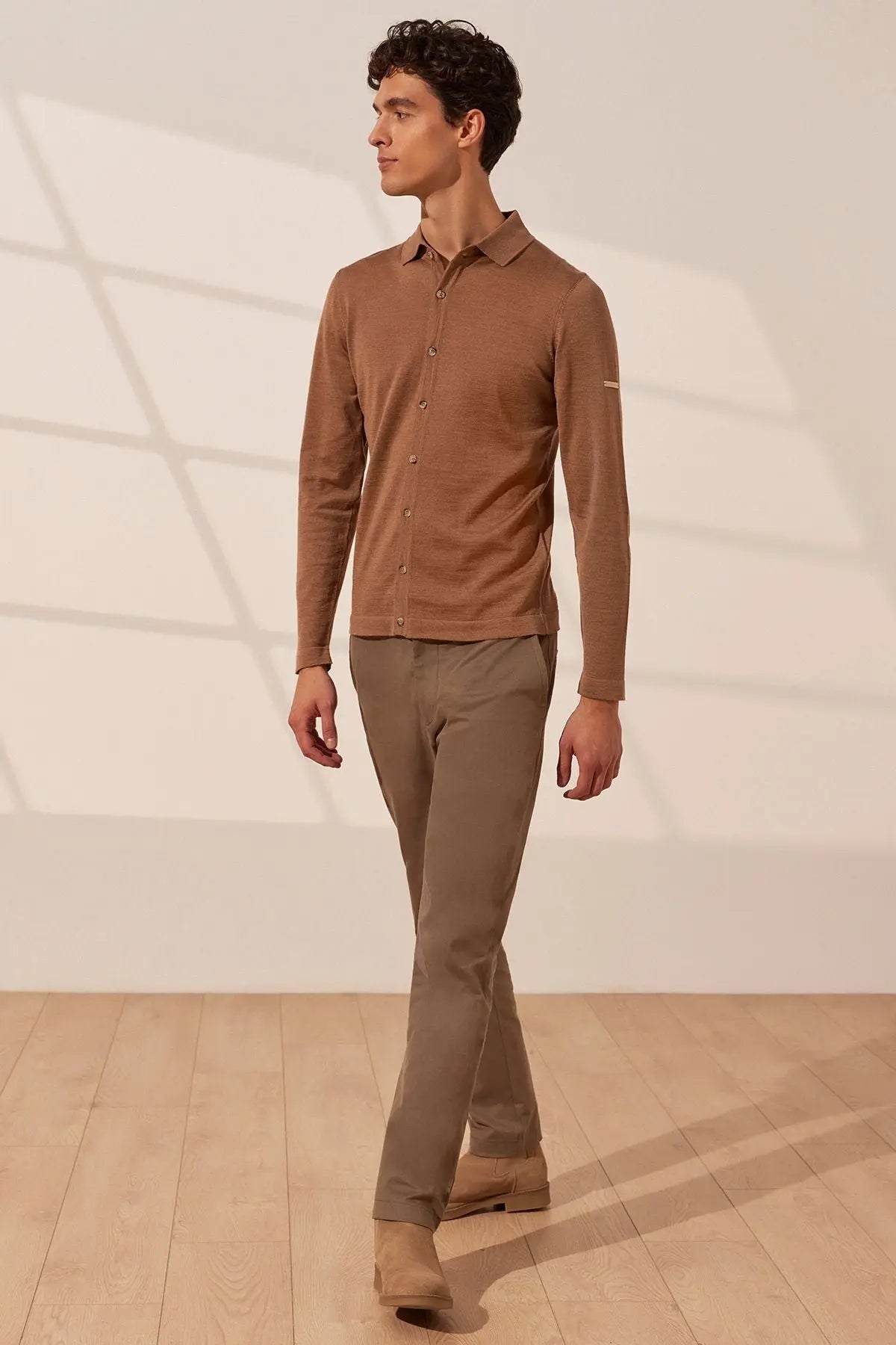 Camel pekli Quentin Polo Yaka Uzun Kollu Erkek Triko Gömlek Silk and Cashmere