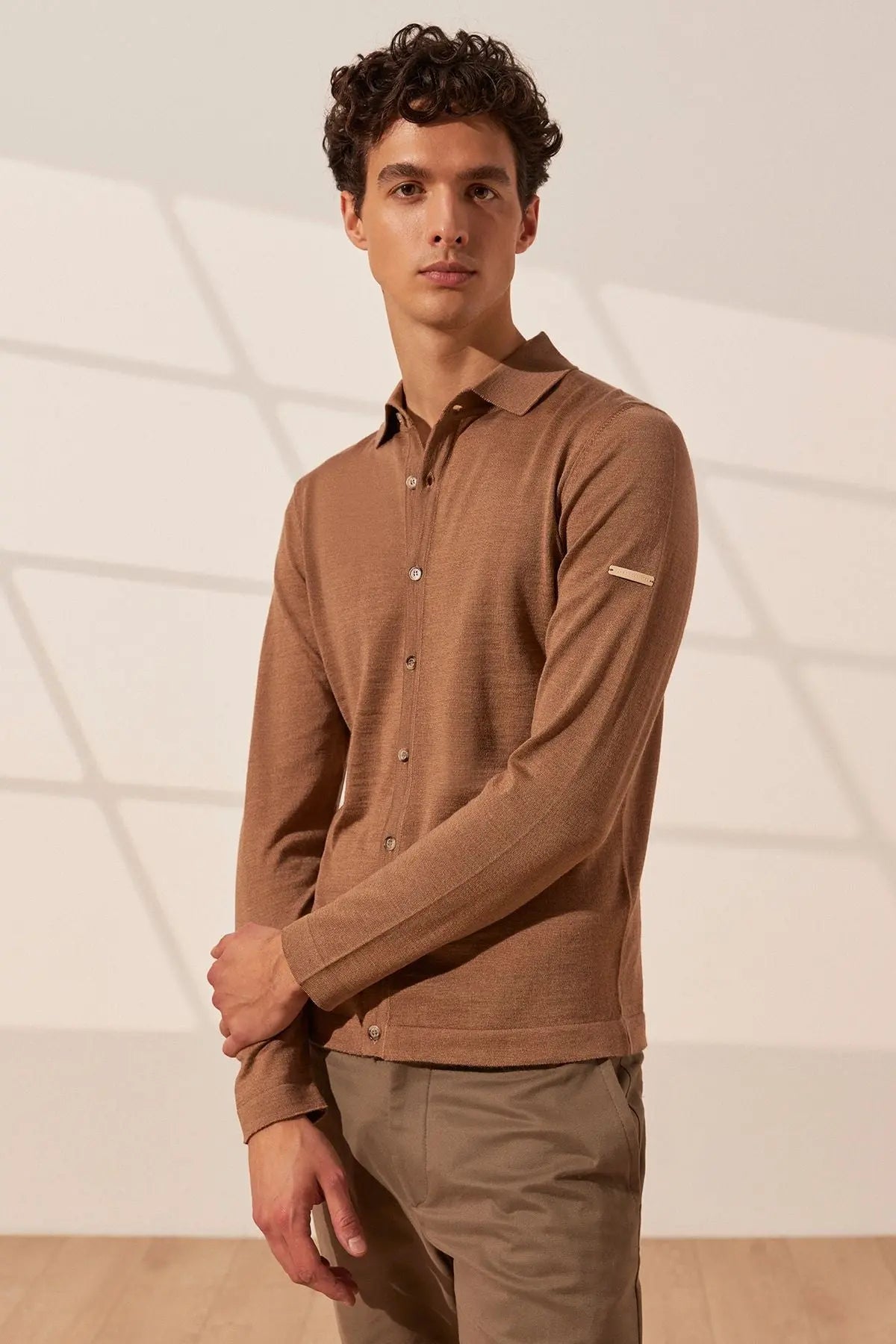 Camel pekli Quentin Polo Yaka Uzun Kollu Erkek Triko Gömlek Silk and Cashmere