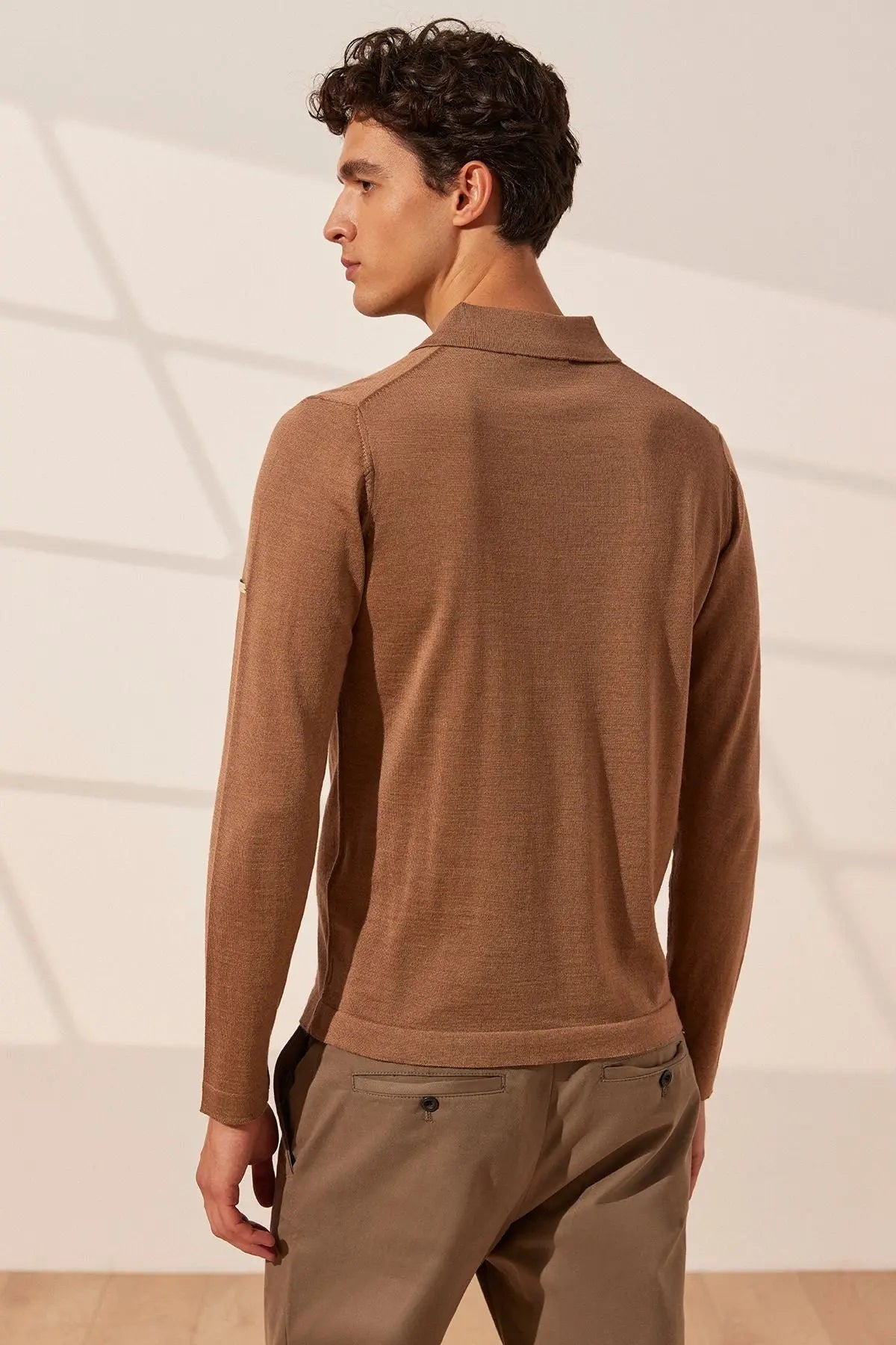 Camel pekli Quentin Polo Yaka Uzun Kollu Erkek Triko Gömlek Silk and Cashmere