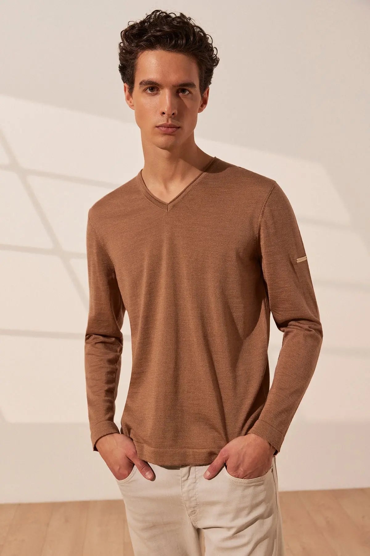 Camel pekli Quentin V Yaka Uzun Kollu Erkek Triko Silk and Cashmere