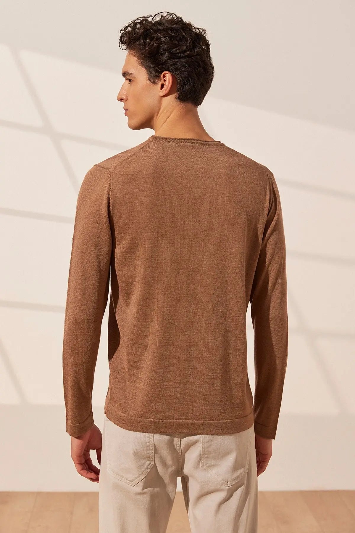 Camel pekli Quentin V Yaka Uzun Kollu Erkek Triko Silk and Cashmere