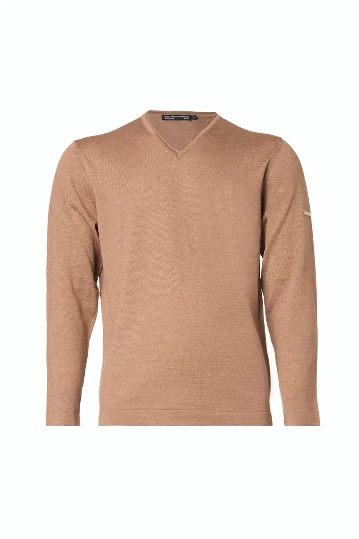 Camel pekli Quentin V Yaka Uzun Kollu Erkek Triko Silk and Cashmere