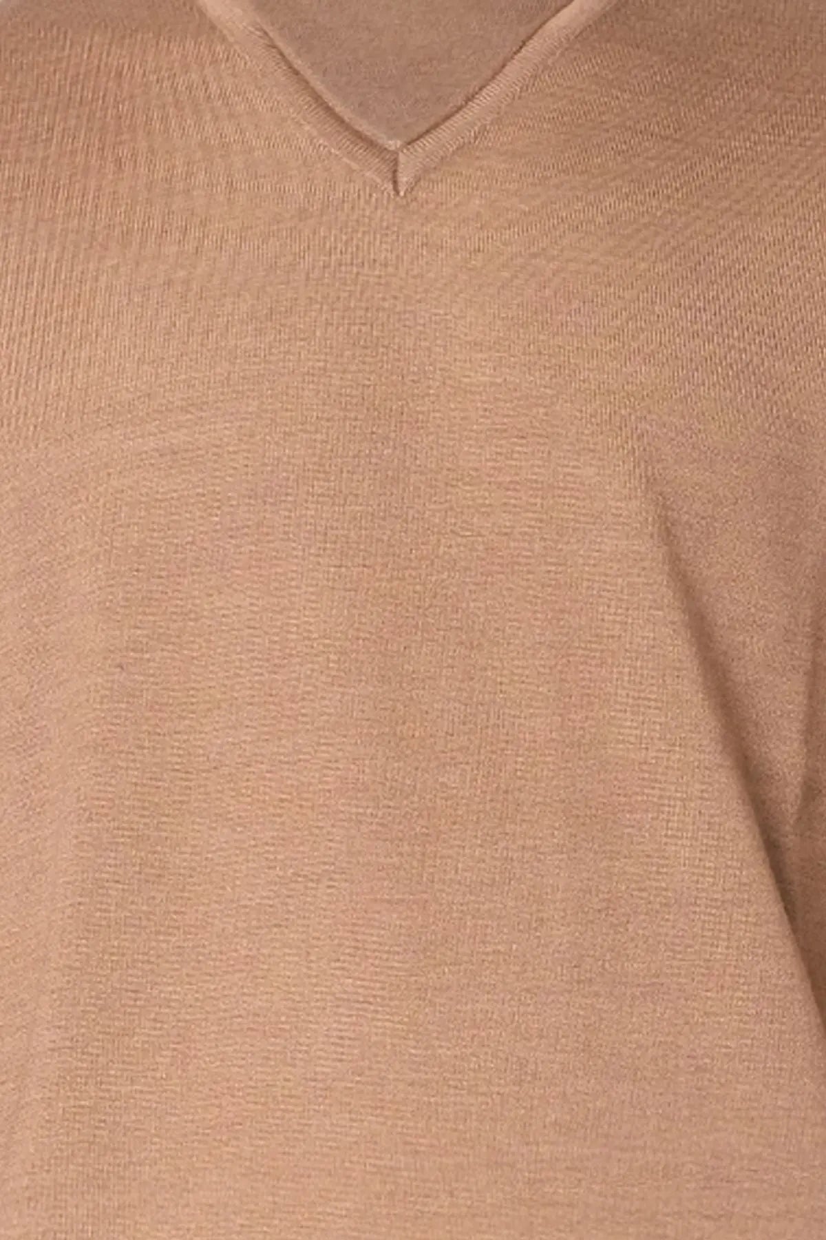 Camel pekli Quentin V Yaka Uzun Kollu Erkek Triko Silk and Cashmere