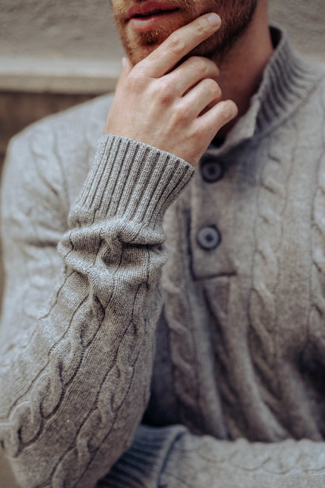 Orta Gri Melanj Amerigo Solitery Avustralya Yünü Kaşmir Saç Örgülü Saç Örgülü Düğmeli Yarım Balıkçı Yaka Erkek Kazak