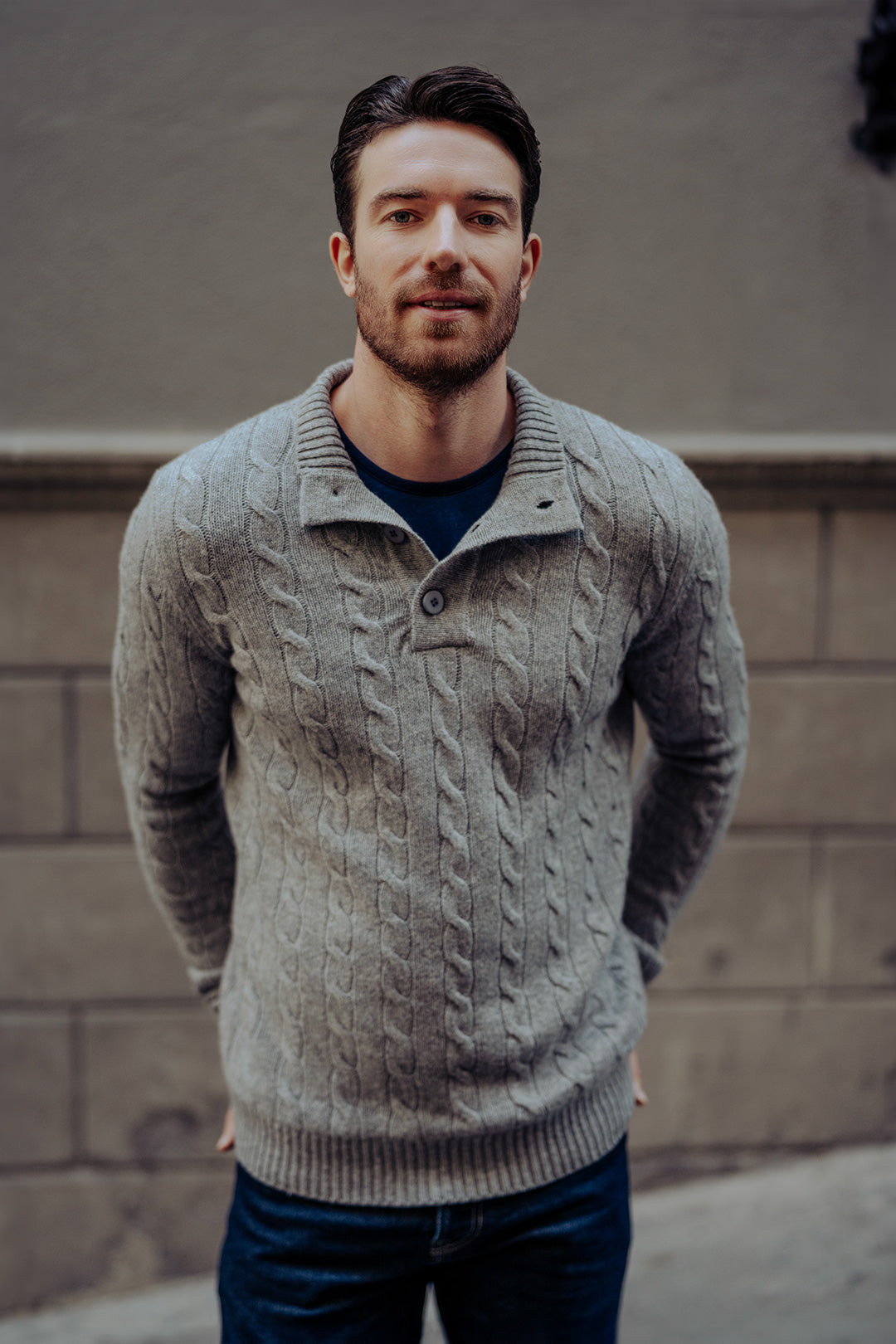 Orta Gri Melanj Amerigo Solitery Avustralya Yünü Kaşmir Saç Örgülü Saç Örgülü Düğmeli Yarım Balıkçı Yaka Erkek Kazak