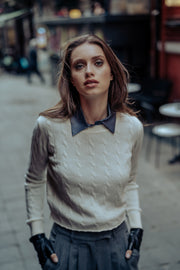 Beyaz Avusturalya Yünü ve Kaşmir Amelia Saç Örgülü Bisiklet Yaka Crop Kadın Kazak