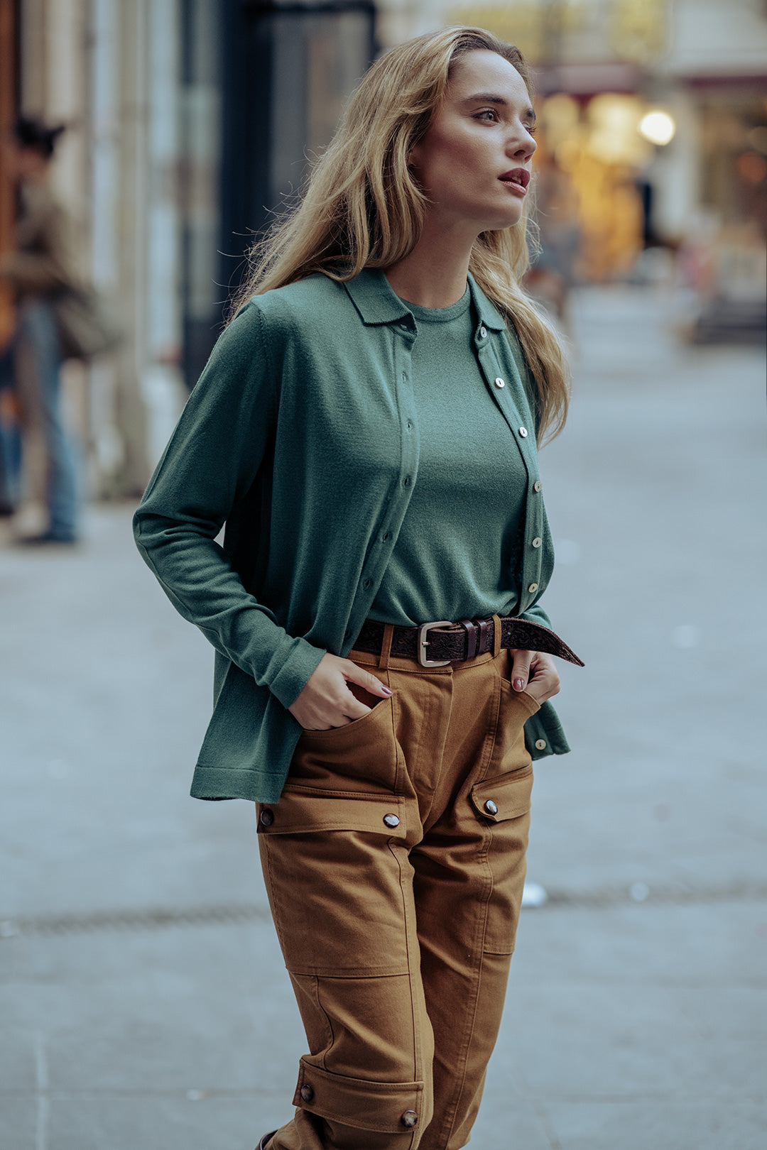 Yeşil İpek Kaşmir Aleyna Polo Yaka Uzun Kollu Kadın Gömlek