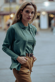 Yeşil İpek Kaşmir Aleyna Polo Yaka Uzun Kollu Kadın Gömlek