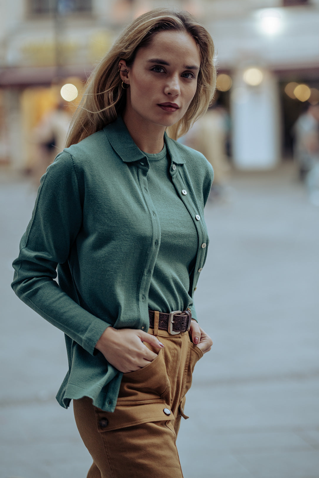 Yeşil İpek Kaşmir Aleyna Yuvarlak Yaka Kısa Kollu Kadın Triko