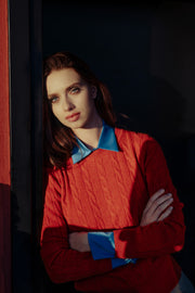 Koyu Turuncu Avusturalya Yünü ve Kaşmir Amelia Saç Örgülü Bisiklet Yaka Kadın Kazak