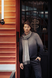 Gri Amerigo Kaşmir Yün Saç Örgülü Degrade Yuvarlak Yaka Uzun Kollu Erkek Kazak