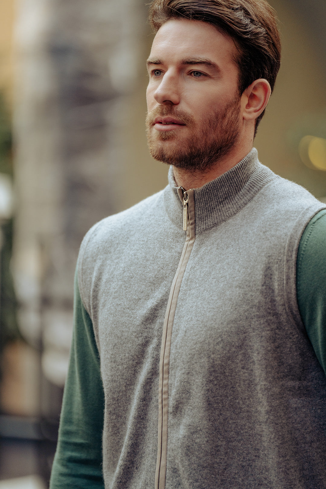 Orta Gri Melanj Saf Kaşmir Yarım Balıkçı Yaka Fermuarlı Erkek Yelek