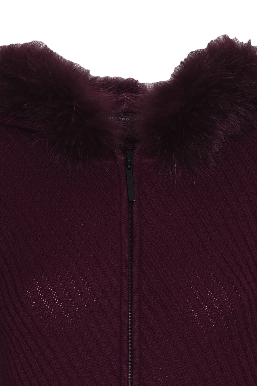 Mürdüm Kaşmir Yün Victoria Diagonal Dokulu Kürk Detaylı Kapüşonlu Hırka