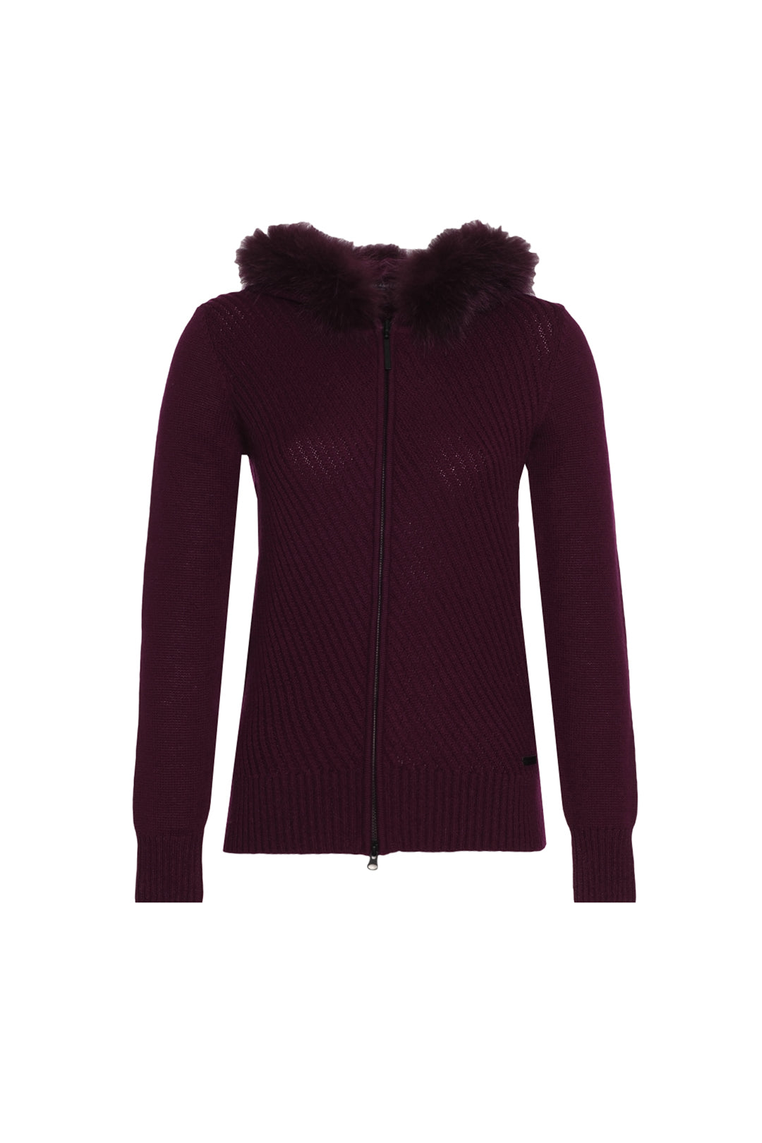 Mürdüm Kaşmir Yün Victoria Diagonal Dokulu Kürk Detaylı Kapüşonlu Hırka