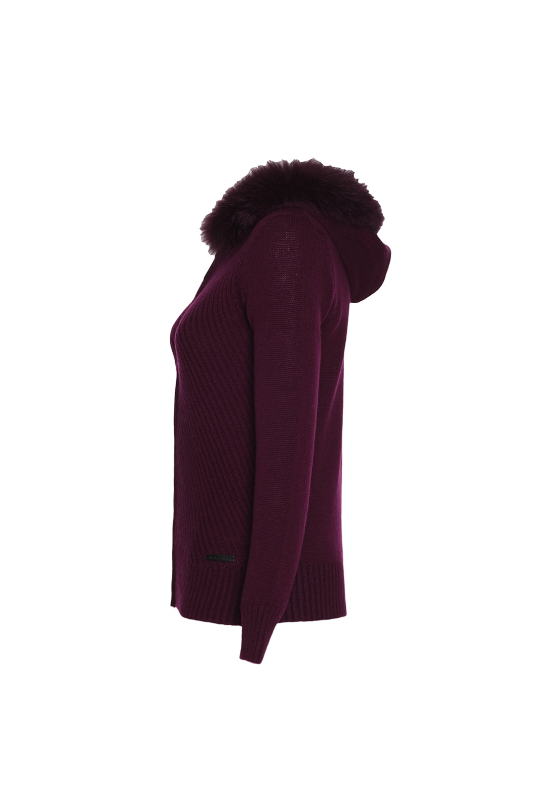 Mürdüm Kaşmir Yün Victoria Diagonal Dokulu Kürk Detaylı Kapüşonlu Hırka