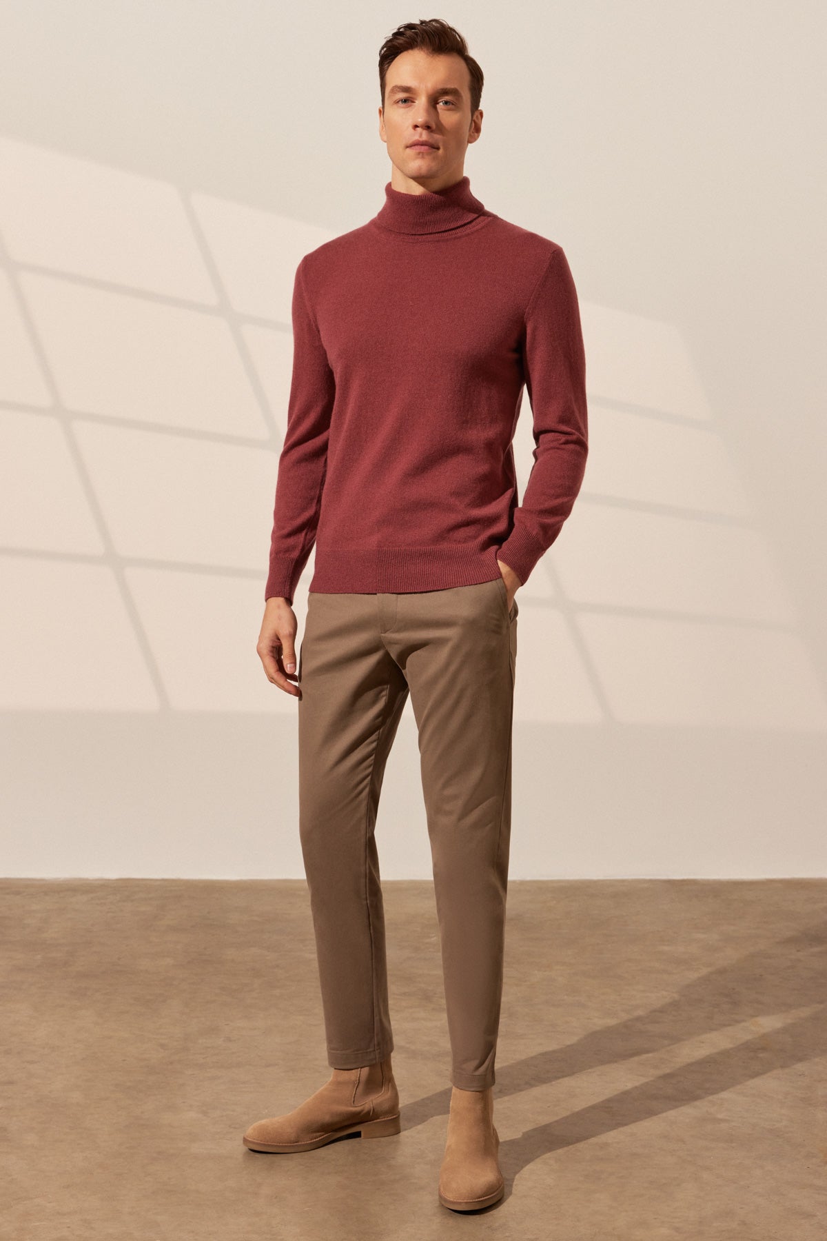 Gül Kurusu Saf Kaşmir Balıkçı Yaka Uzun Kollu Erkek Kazak