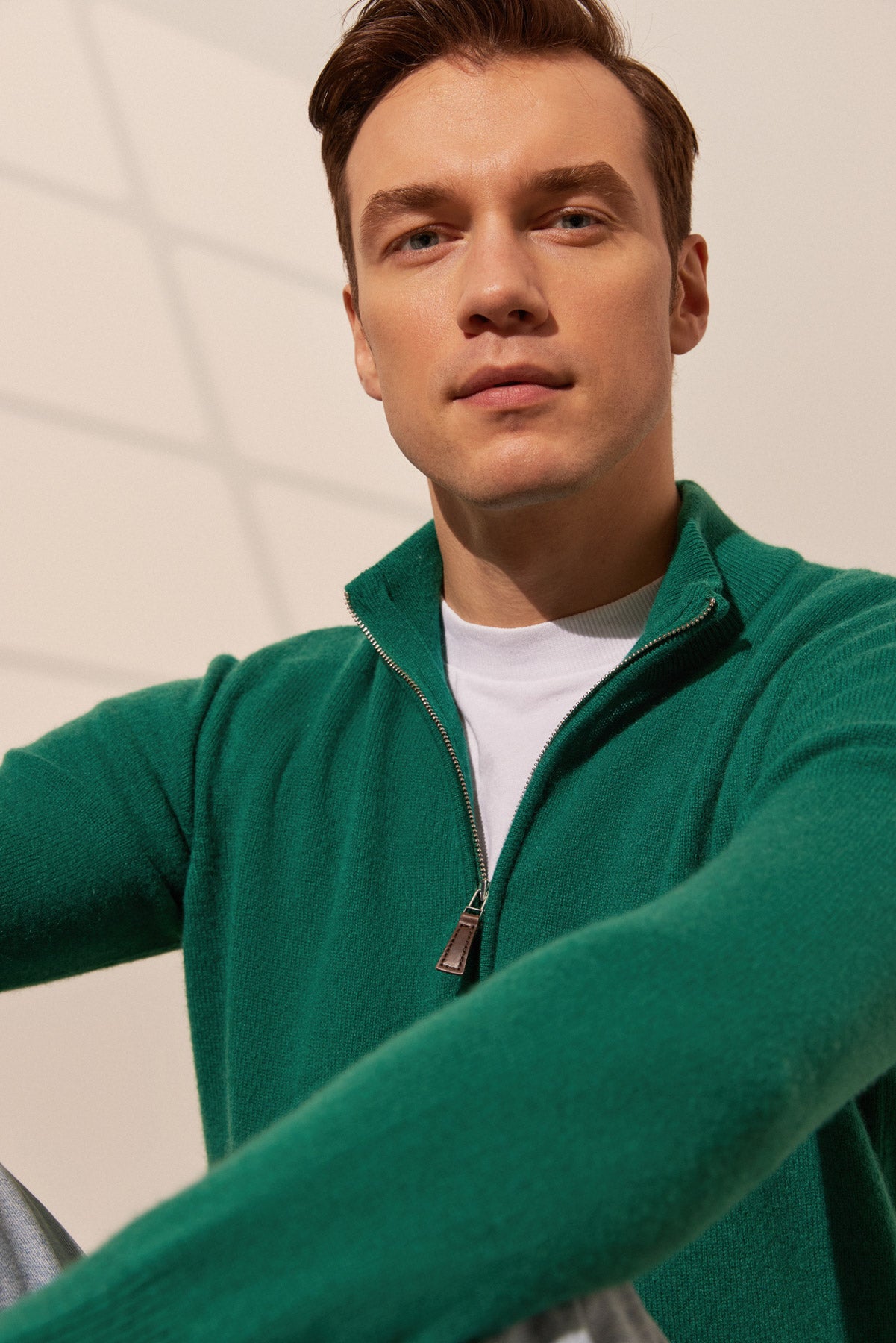 Yeşil Saf Kaşmir Fermuarlı Yarım Balıkçı Yaka Uzun Kollu Erkek Kazak