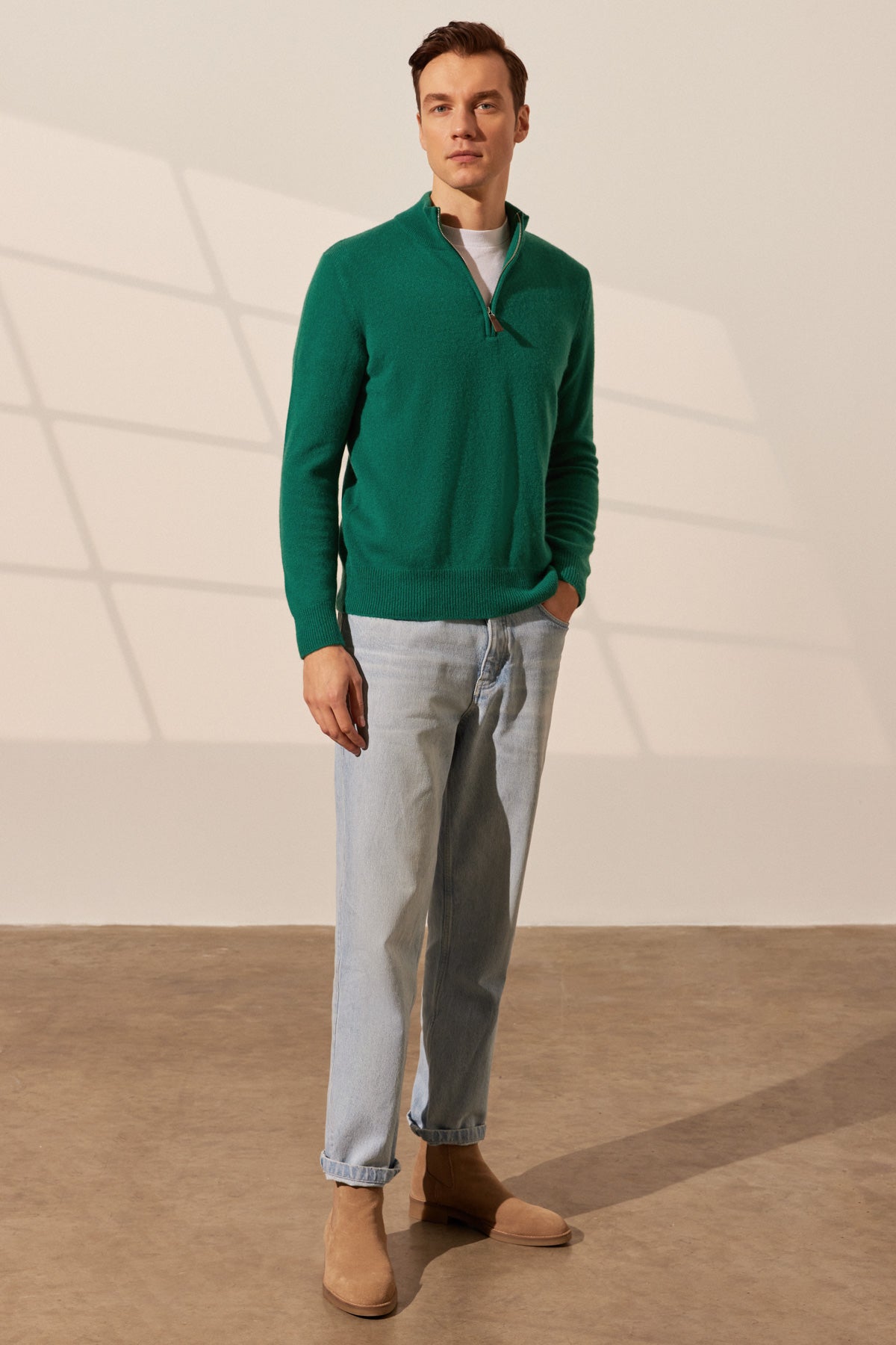 Yeşil Saf Kaşmir Fermuarlı Yarım Balıkçı Yaka Uzun Kollu Erkek Kazak