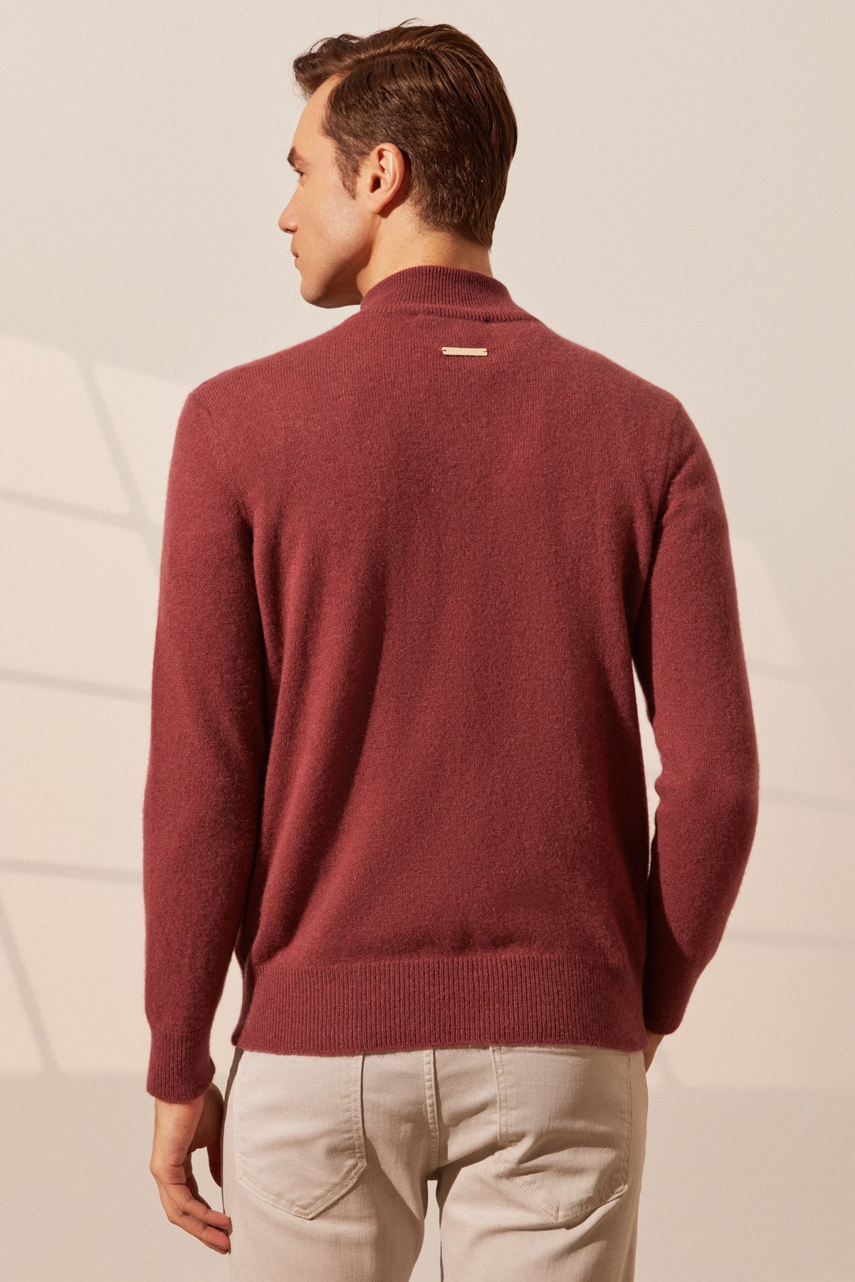 Gül Kurusu Saf Kaşmir Fermuarlı Yarım Balıkçı Yaka Uzun Kollu Erkek Kazak