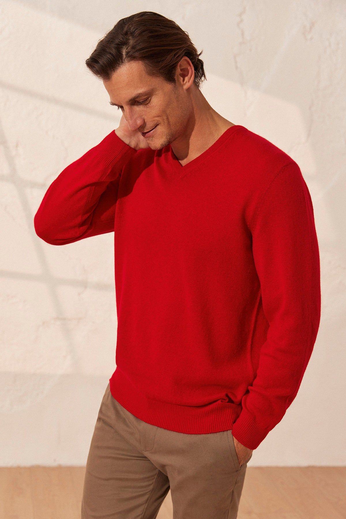 Kırmızı Vincent Saf Kaşmir V Yaka Uzun Kollu Erkek Kazak