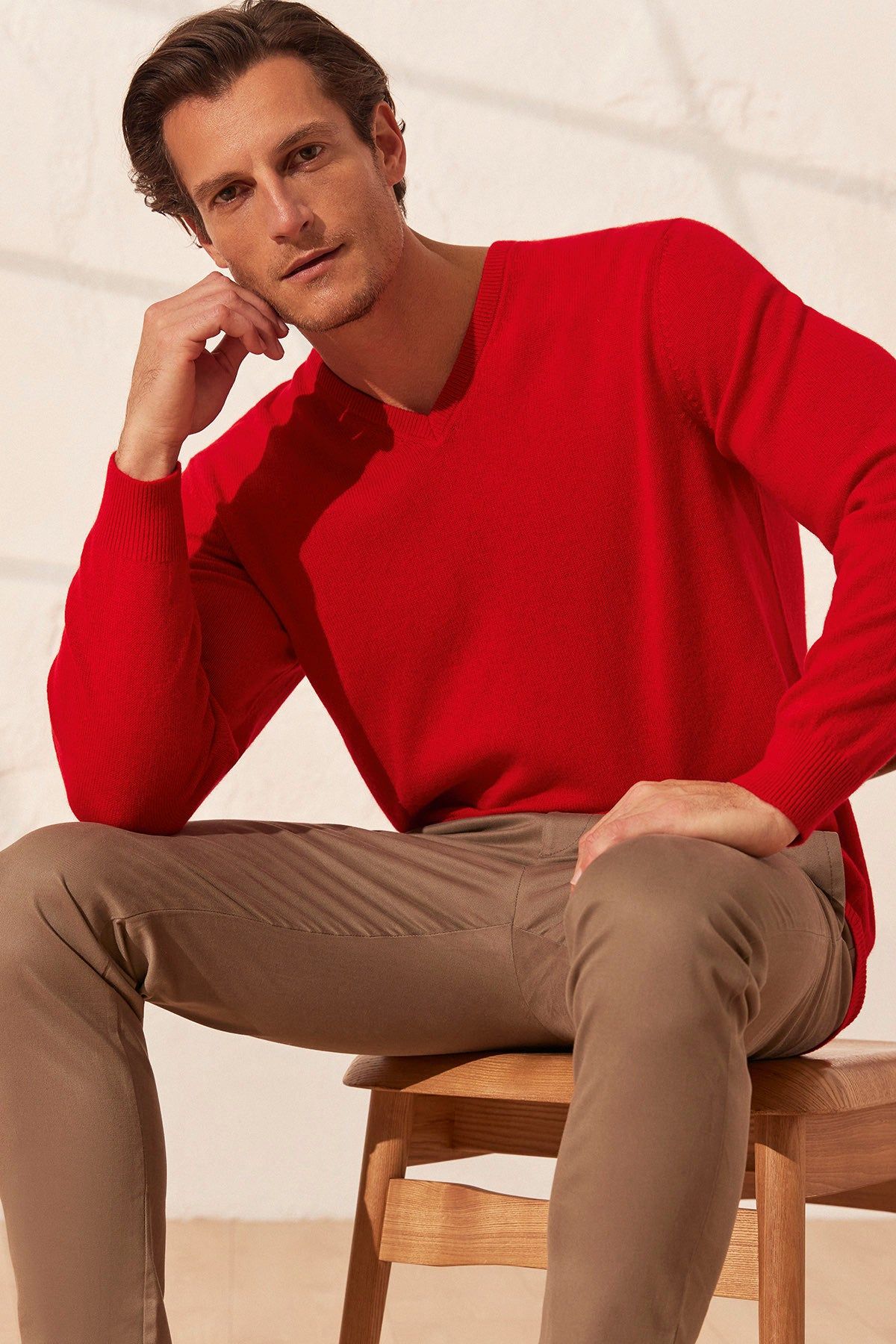 Kırmızı Vincent Saf Kaşmir V Yaka Uzun Kollu Erkek Kazak