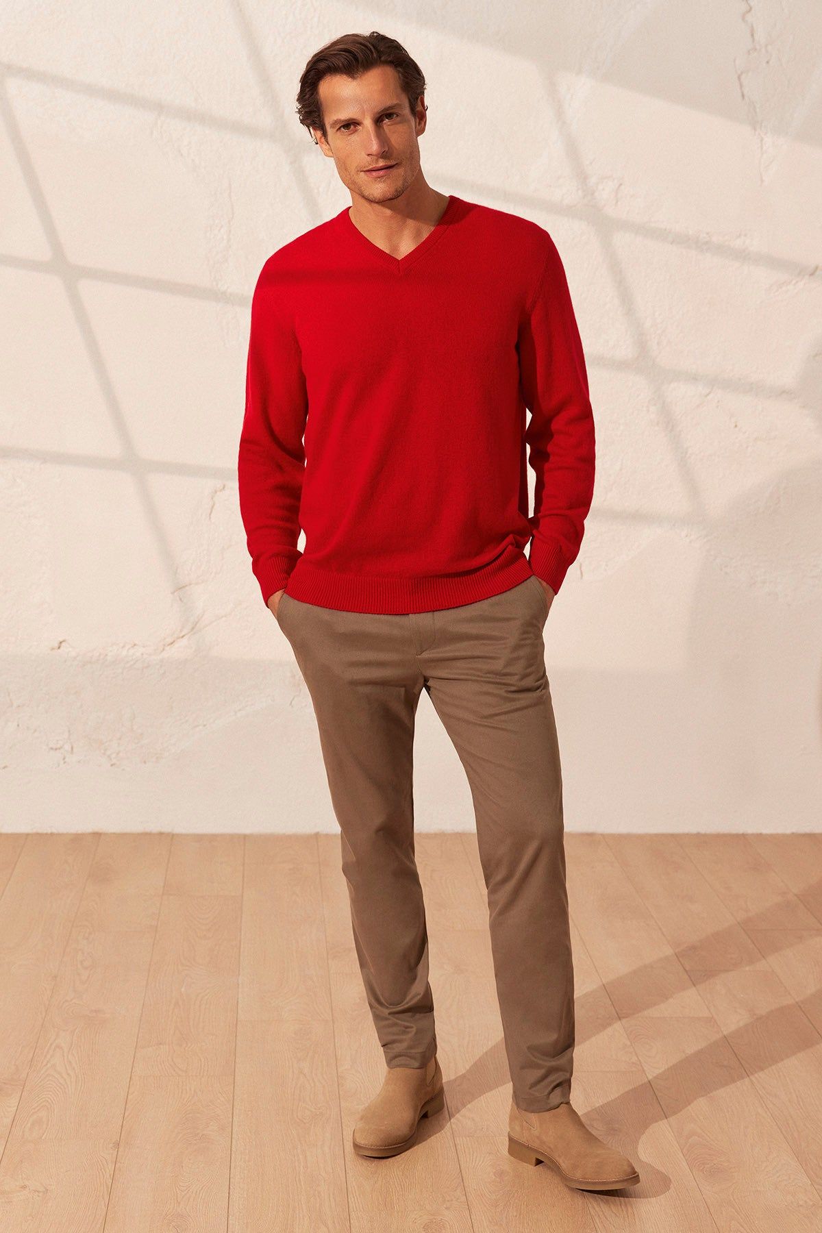 Kırmızı Vincent Saf Kaşmir V Yaka Uzun Kollu Erkek Kazak