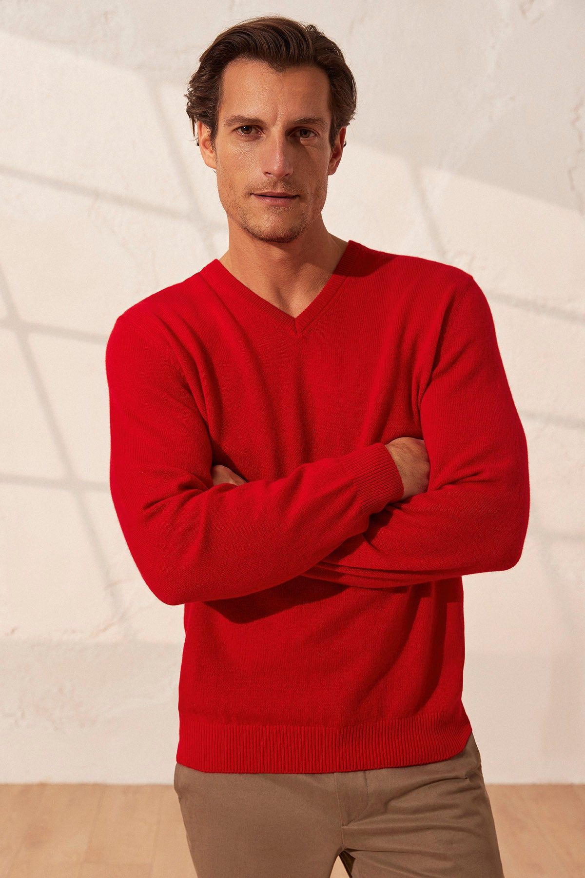 Kırmızı Vincent Saf Kaşmir V Yaka Uzun Kollu Erkek Kazak