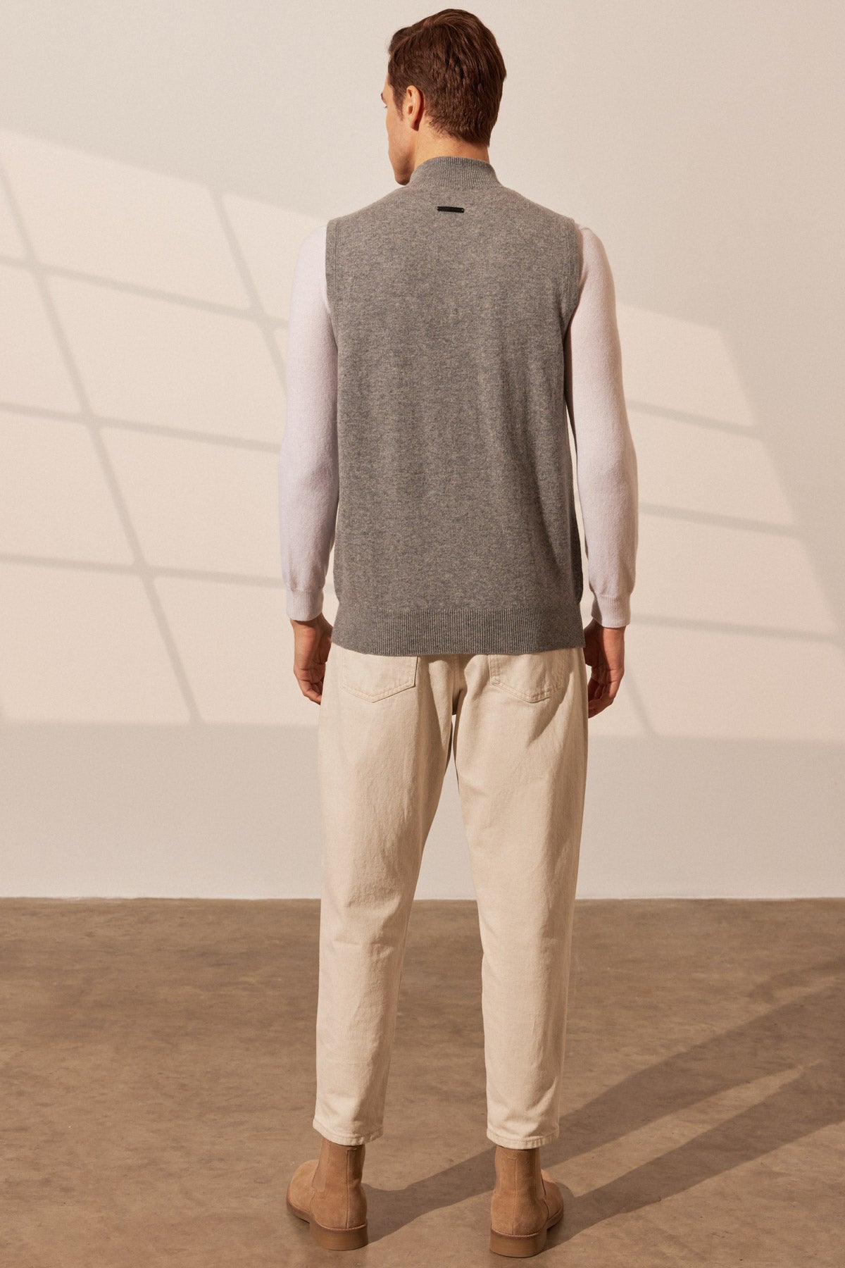 Orta Gri Melanj Saf Kaşmir Yarım Balıkçı Yaka Fermuarlı Erkek Yelek