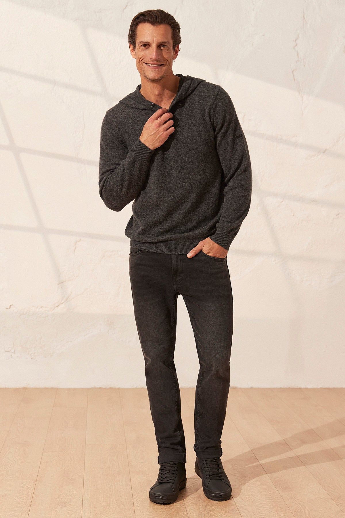 Antrasit Saf Kaşmir Oliver Erkek Kazak