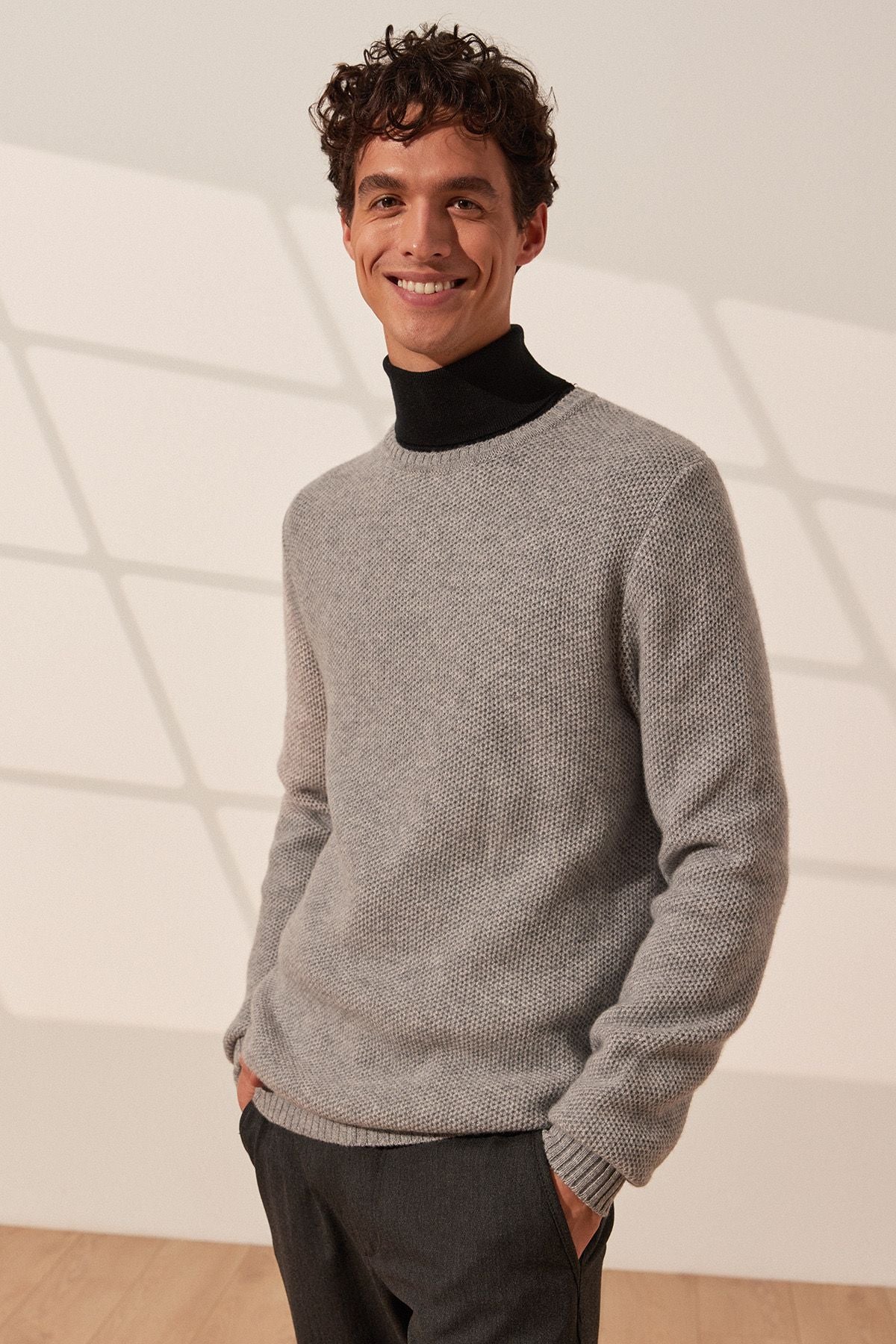 Orta Gri Melanj Tricennial Saf Kaşmir Pike Desenli Uzun Kollu Erkek Kazak