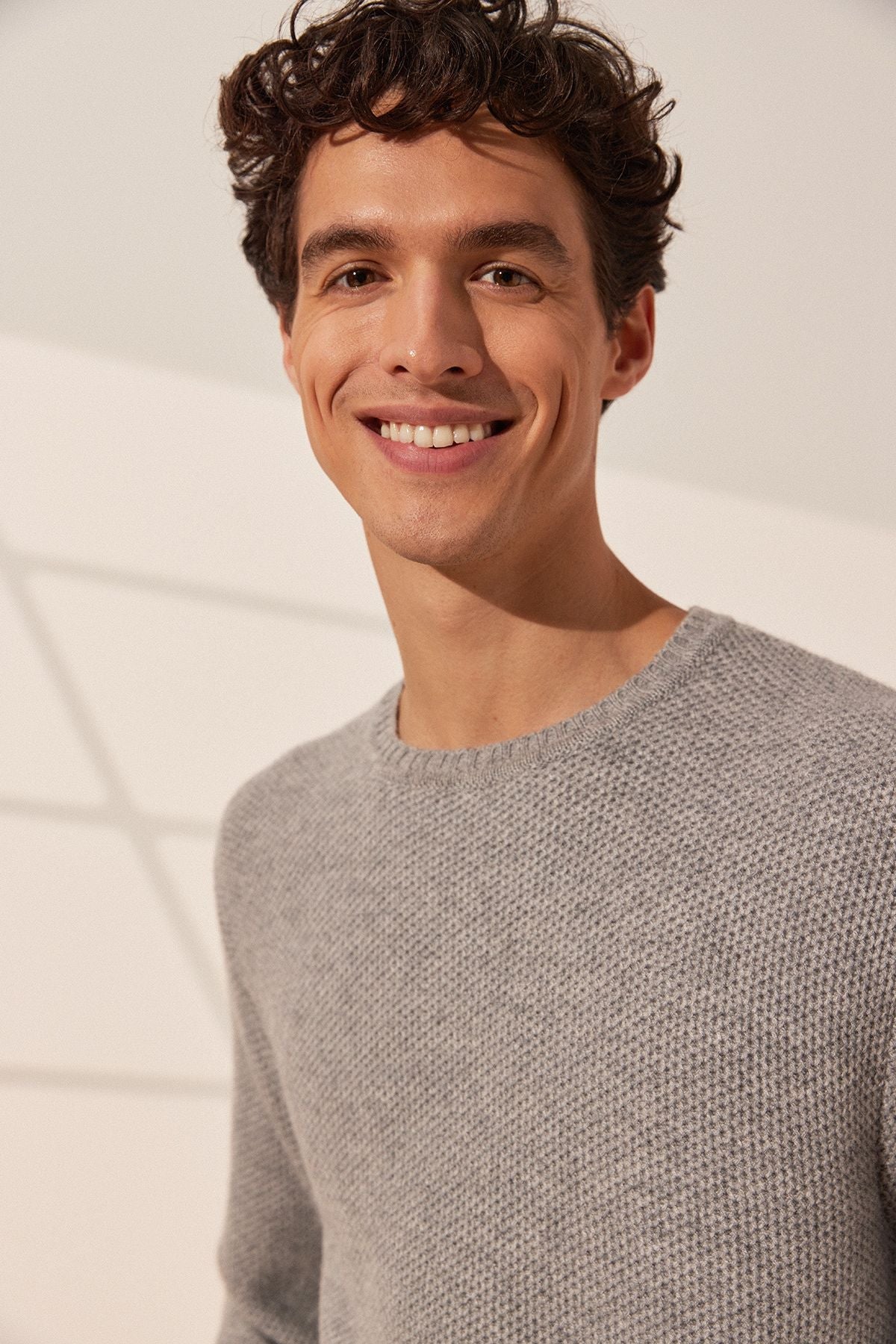 Orta Gri Melanj Tricennial Saf Kaşmir Pike Desenli Uzun Kollu Erkek Kazak