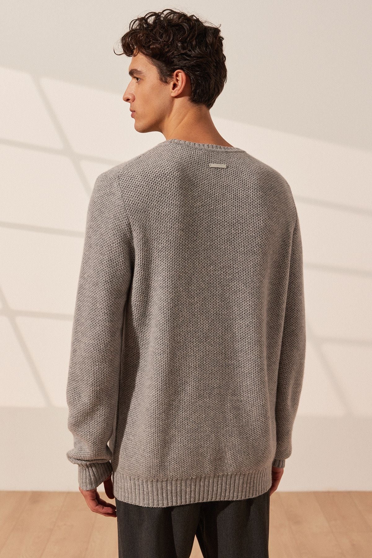 Orta Gri Melanj Tricennial Saf Kaşmir Pike Desenli Uzun Kollu Erkek Kazak