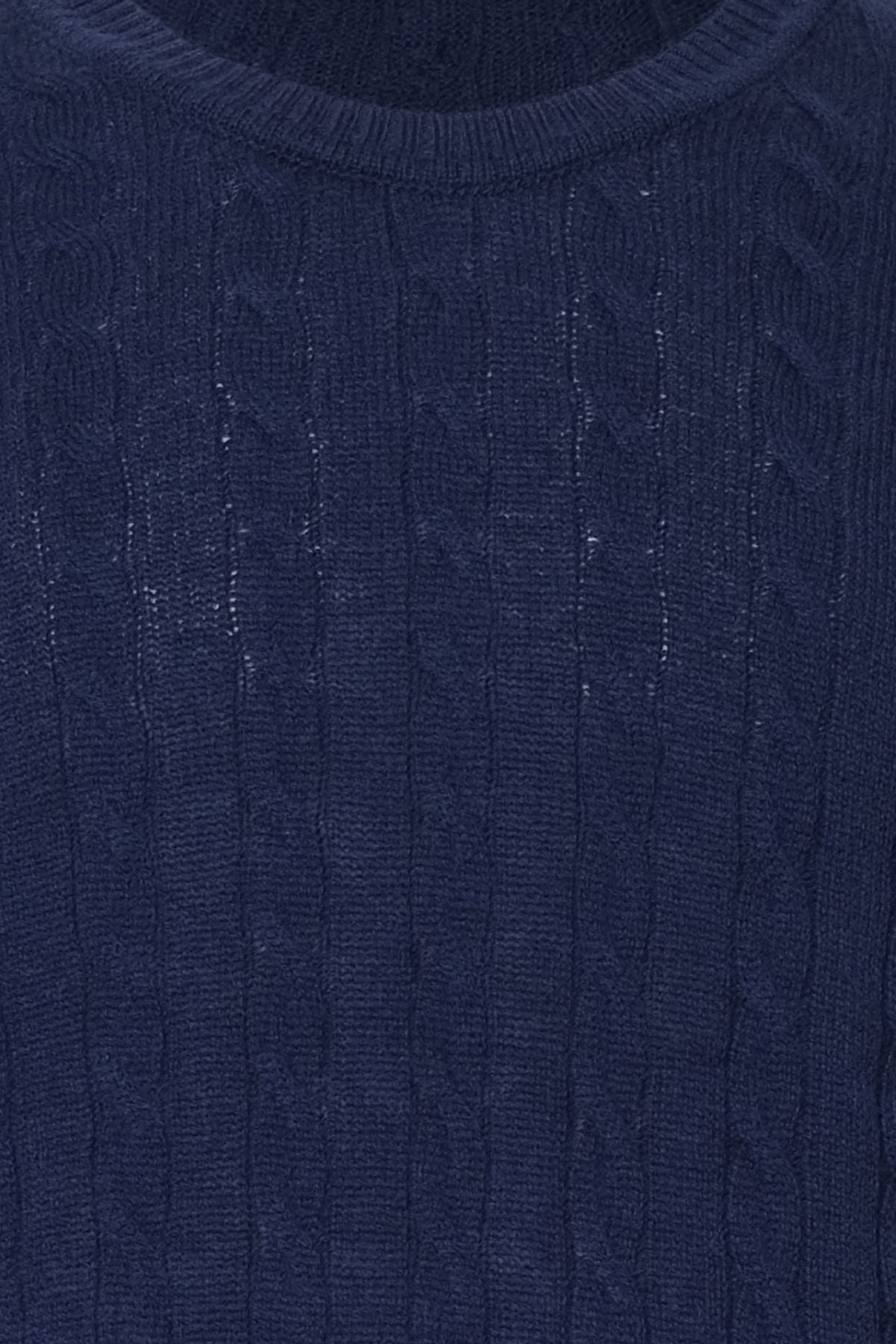 Lacivert Amerigo Avustralya Yünü Kaşmir Saç Örgülü Yuvarlak Yaka Uzun Kollu Erkek Kazak