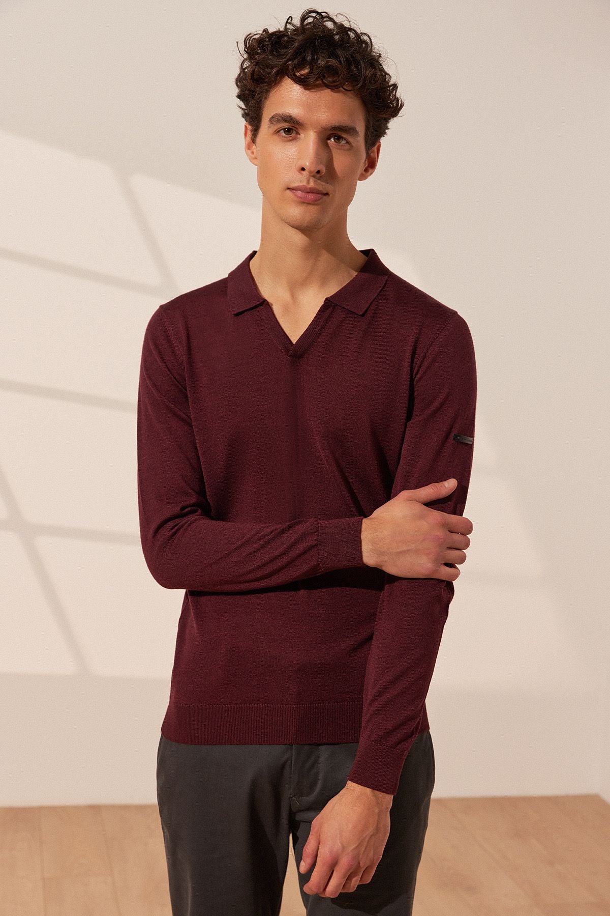 Bordo İpekli Quentin Uzun Kollu Polo Erkek Triko