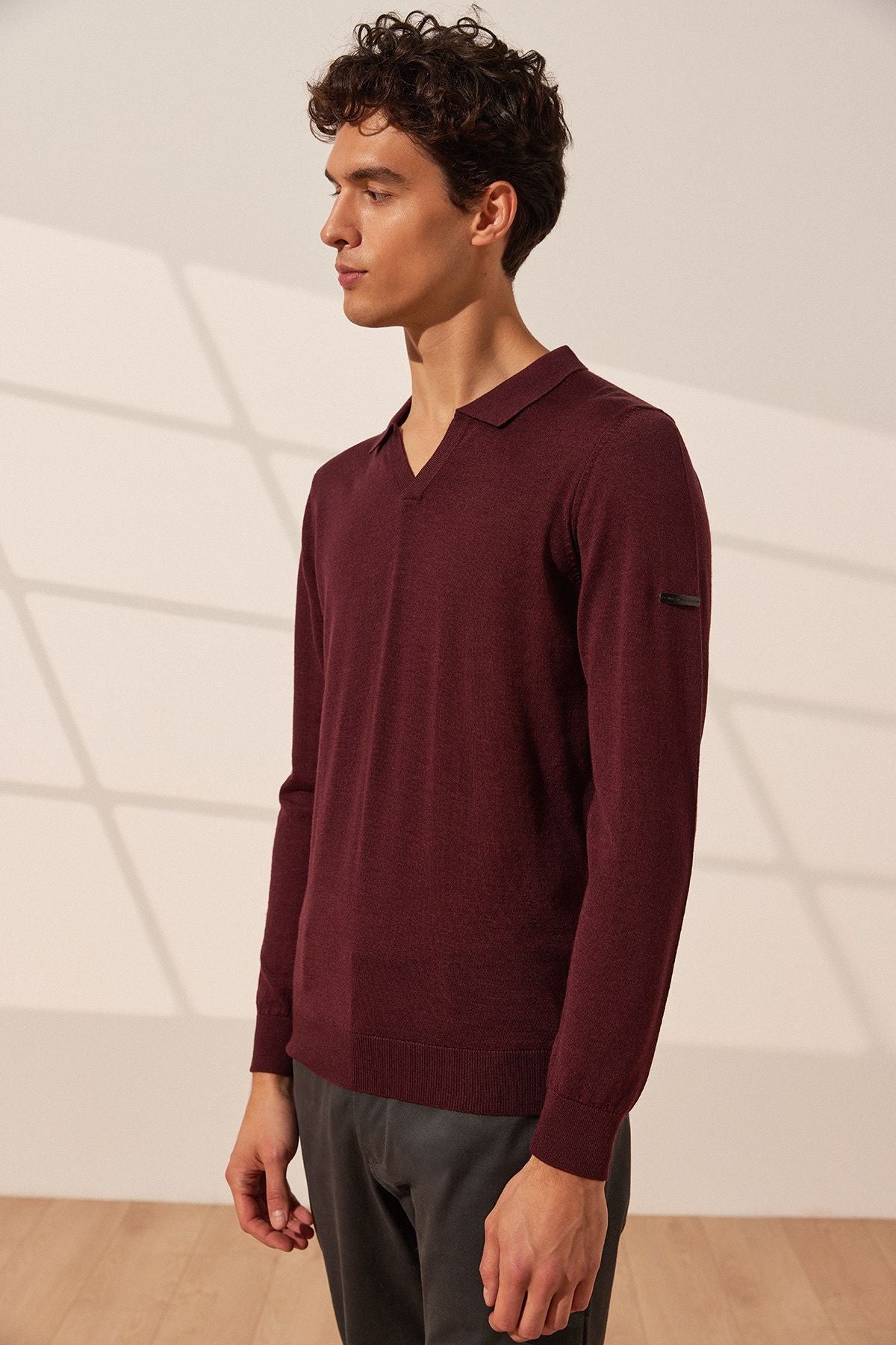 Bordo İpekli Quentin Uzun Kollu Polo Erkek Triko