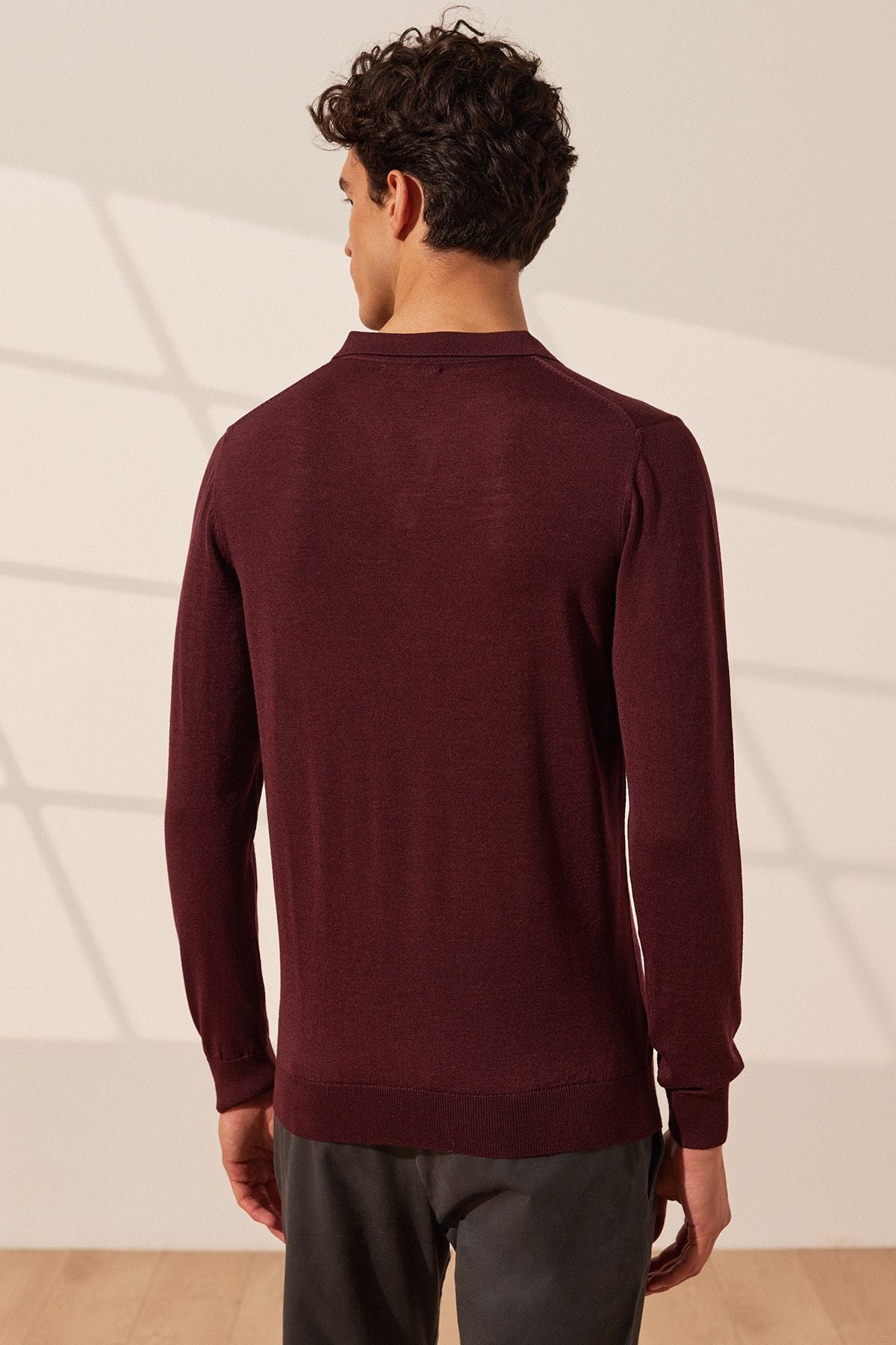 Bordo İpekli Quentin Uzun Kollu Polo Erkek Triko