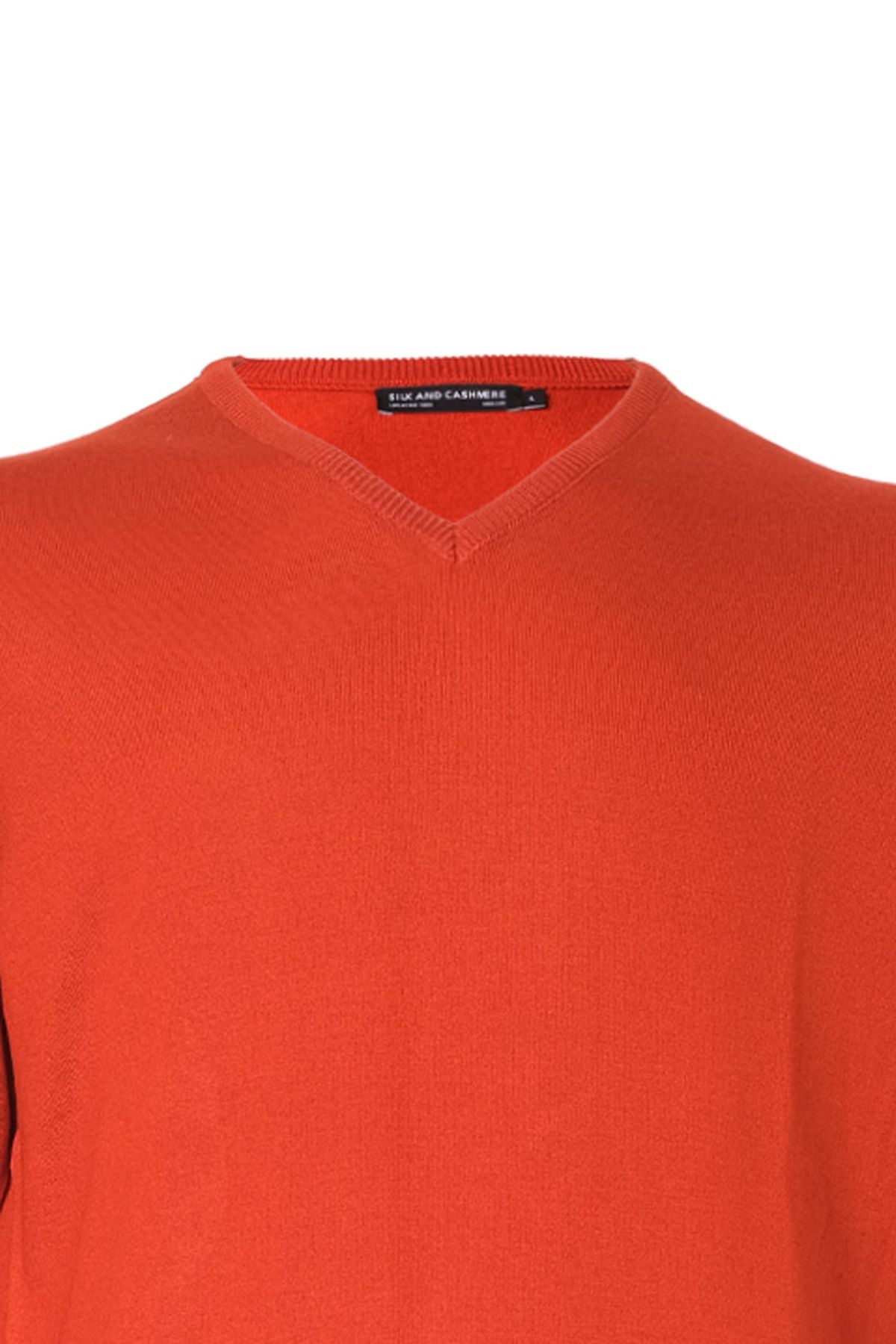 Kiremit İpek ve Kaşmir V Yaka Uzun Kollu Utku Erkek Triko