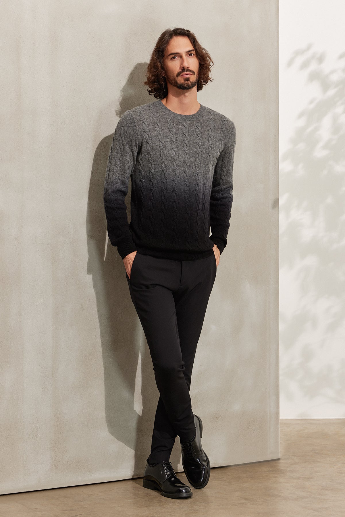 Gri Amerigo Kaşmir Yün Saç Örgülü Degrade Yuvarlak Yaka Uzun Kollu Erkek Kazak