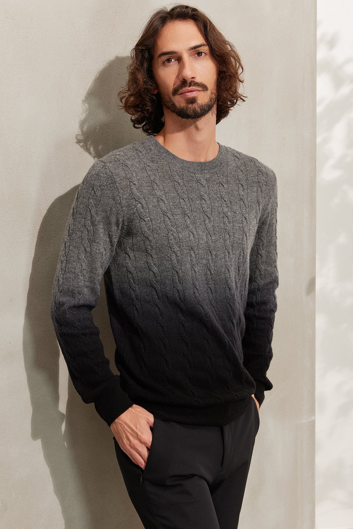 Gri Amerigo Kaşmir Yün Saç Örgülü Degrade Yuvarlak Yaka Uzun Kollu Erkek Kazak