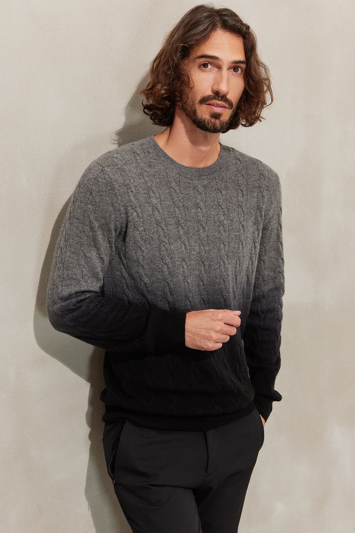 Gri Amerigo Kaşmir Yün Saç Örgülü Degrade Yuvarlak Yaka Uzun Kollu Erkek Kazak