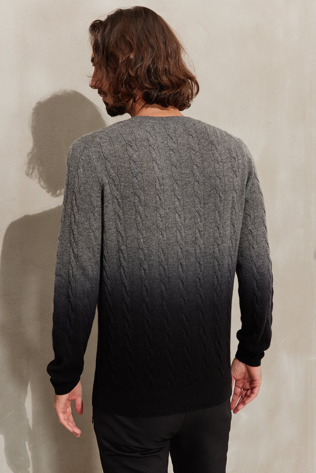 Gri Amerigo Kaşmir Yün Saç Örgülü Degrade Yuvarlak Yaka Uzun Kollu Erkek Kazak