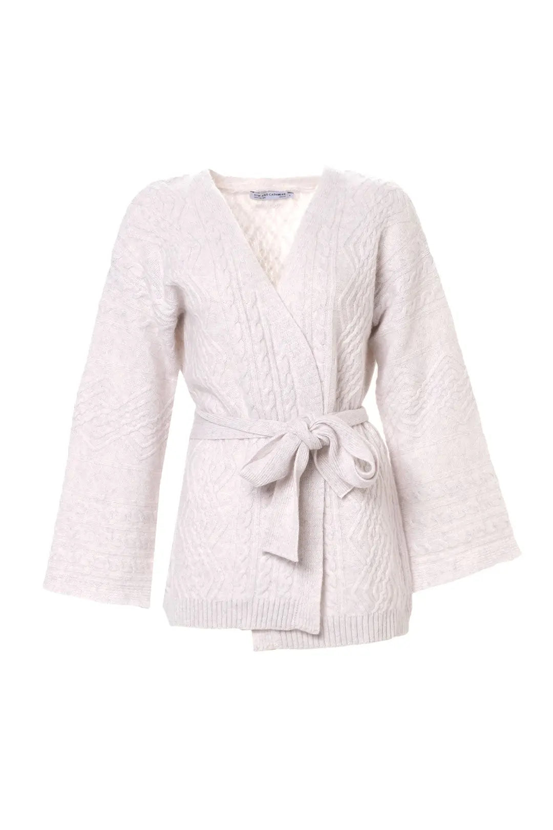 Ekru Aurora Avustralya Yünü Kaşmir Saç Örgülü Kuşaklı Uzun Kollu Kadın Hırka Silk and Cashmere