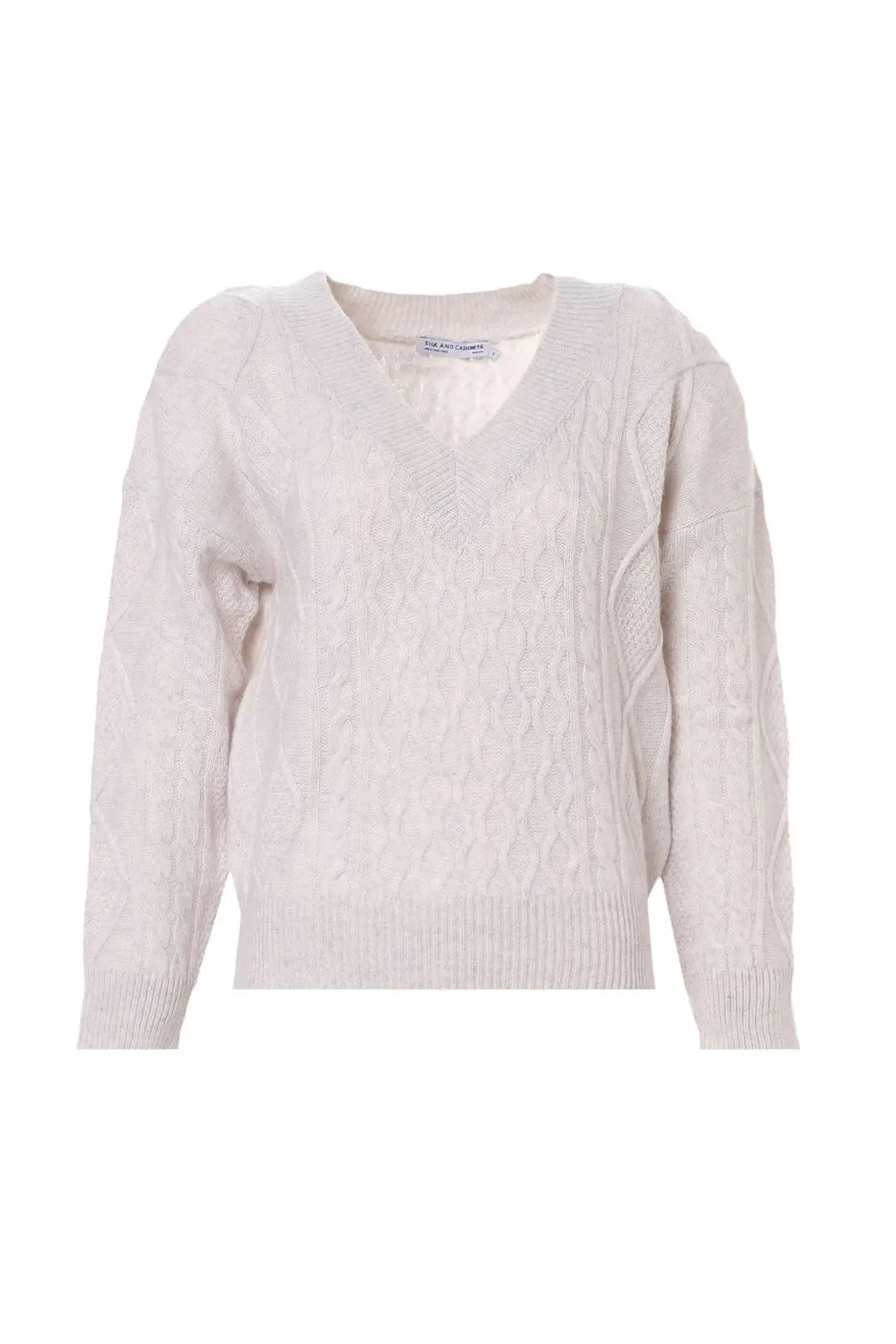 Ekru Aurora Avustralya Yünü Kaşmir Saç Örgülü V Yaka Uzun Kollu Kadın Kazak Silk and Cashmere