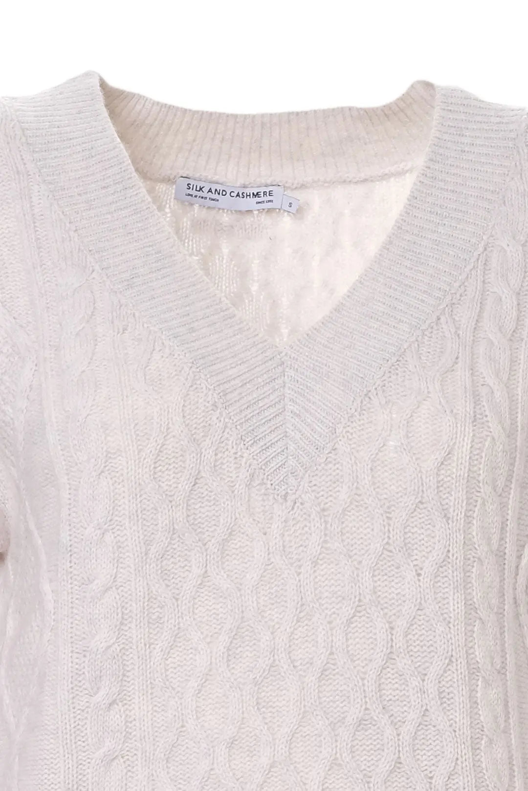 Ekru Aurora Avustralya Yünü Kaşmir Saç Örgülü V Yaka Uzun Kollu Kadın Kazak Silk and Cashmere