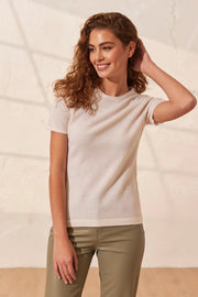 Ekru Basic Saf Kaşmir Yuvarlak Yaka Kısa Kollu Kadın Kazak Silk and Cashmere