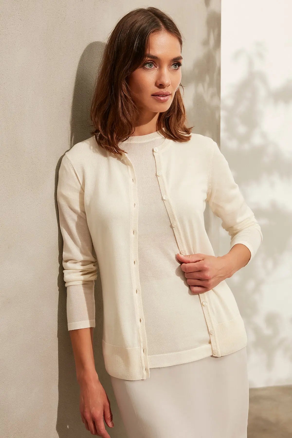 Ekru İpek Karışımlı Melinda Yuvarlak Yaka Uzun Kollu Hırka Silk and Cashmere