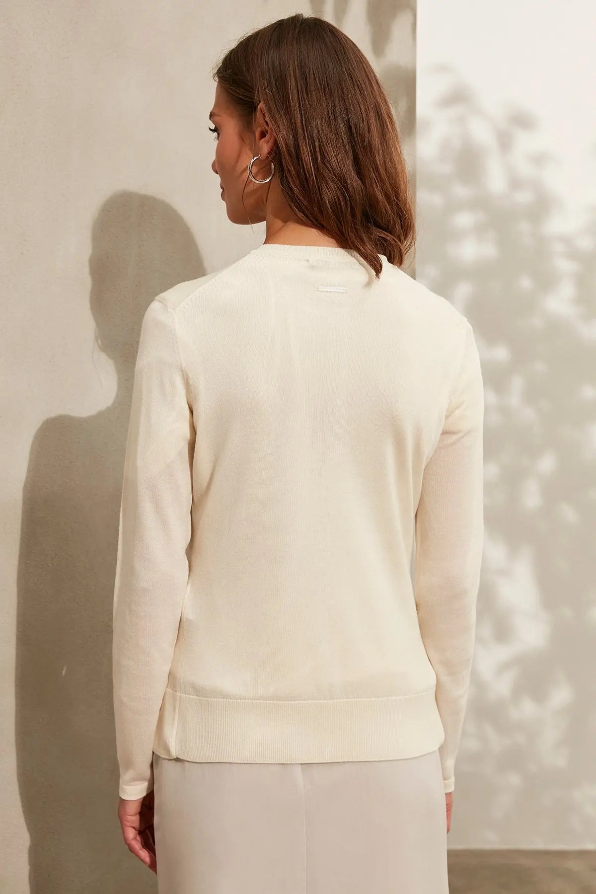 Ekru İpek Karışımlı Melinda Yuvarlak Yaka Uzun Kollu Hırka Silk and Cashmere