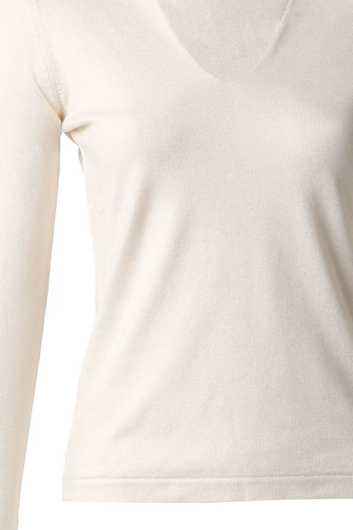 Ekru İpek ve Kaşmir Derin V Yaka Uzun Kollu Aleyna Triko Silk and Cashmere